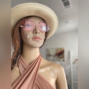 Pink Sea Shell Shaped Sunglasses With Pearl Drop Accent.